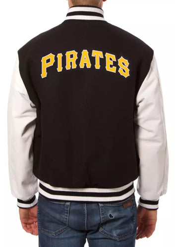 Men Pittsburgh Pirates Letterman Varsity Jacket with Leather Sleeves - Black & White - MLB