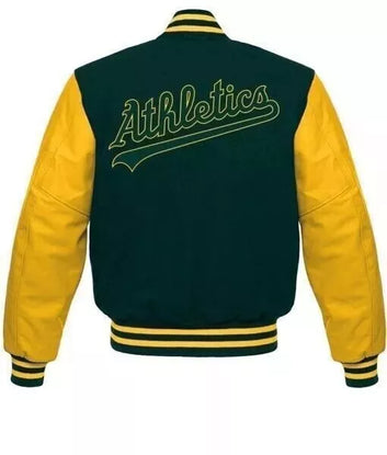 Oakland Athletics Green & Yellow Varsity Jacket With Leather Sleeves - MLB