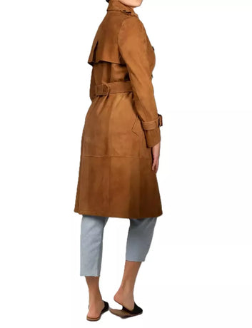 Women's 100% Pure Suede Leather Brown Trench Coat Modern Style Custom Made Coat