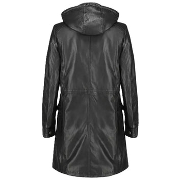 Women's Black 100% Geniune Lambskin Leather Party Wear Trench Coat Hoodie Jacket