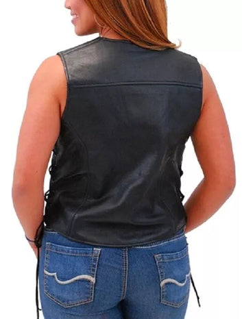 Genuine Sheepskin Fashion Women Leather vest - Black