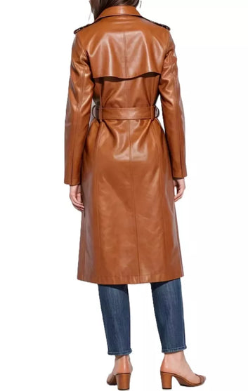 Women Brown Leather Trench Coat 100% Real Lambskin Soft Leather Long Coat Jacket