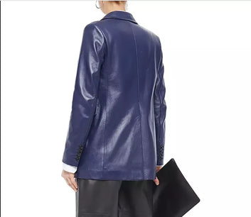 Leather Blazer Coat Jacket Women Lambskin Ladies Trench Biker Kim Fit Blue