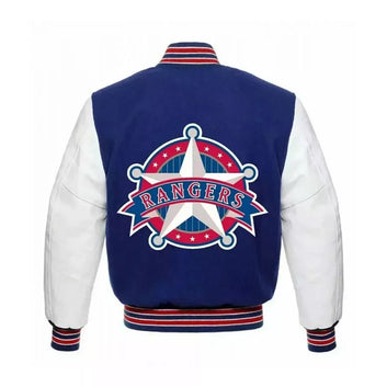 New Texas Rangers Letterman Varsity Jacket - Blue & White with Leather Sleeves - MLB