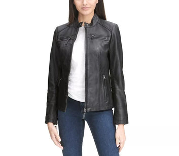 Leather Jacket Women Biker Motorcycle Women Soft Fit Size Real Black