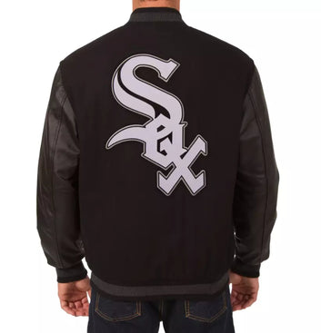 Men Chicago White Sox Letterman Varsity Jacket Black w Genuine Leather Sleeves - MLB