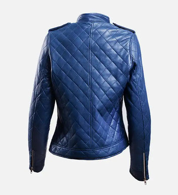 Women Blue Leather Puffer Jacket