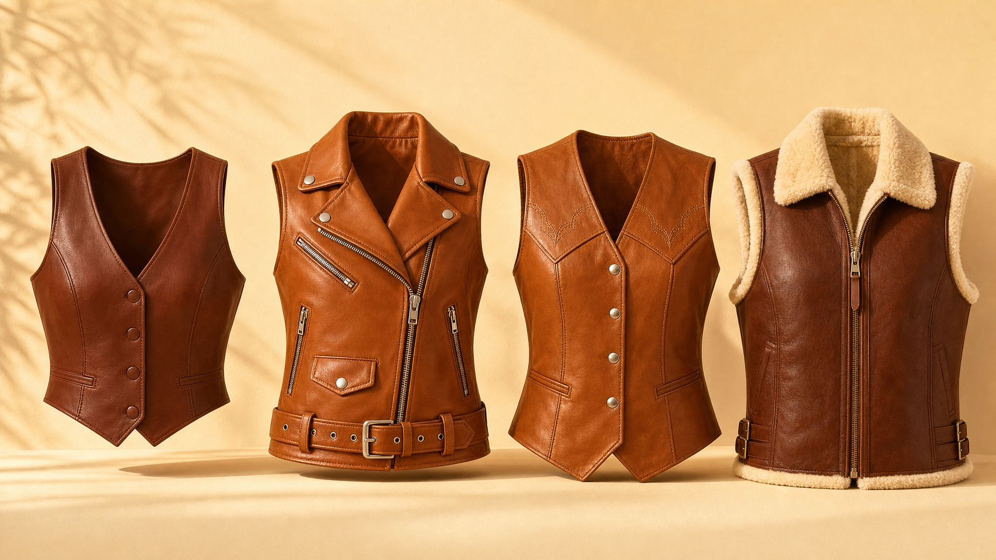 Women’s Leather Vest Cropped, Biker, Western or Shearling-Lined