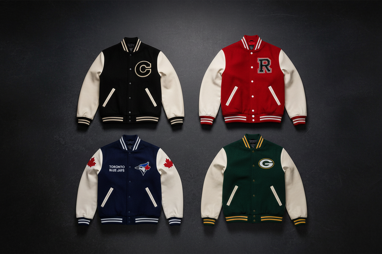 Flat lay of four premium varsity jackets in black, red, navy blue, and forest green with leather sleeves