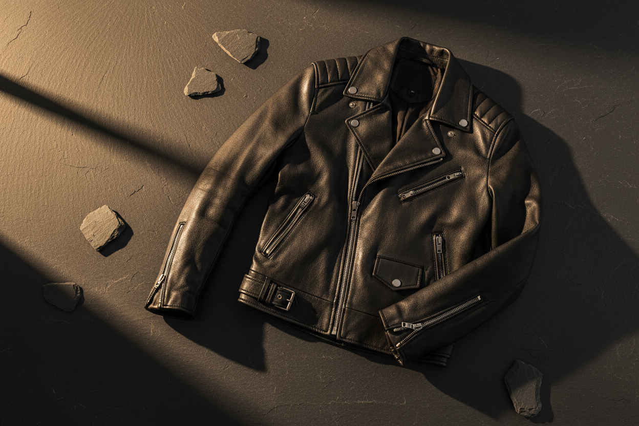 Black genuine leather jacket flat lay on dark slate surface with dramatic golden hour side lighting
