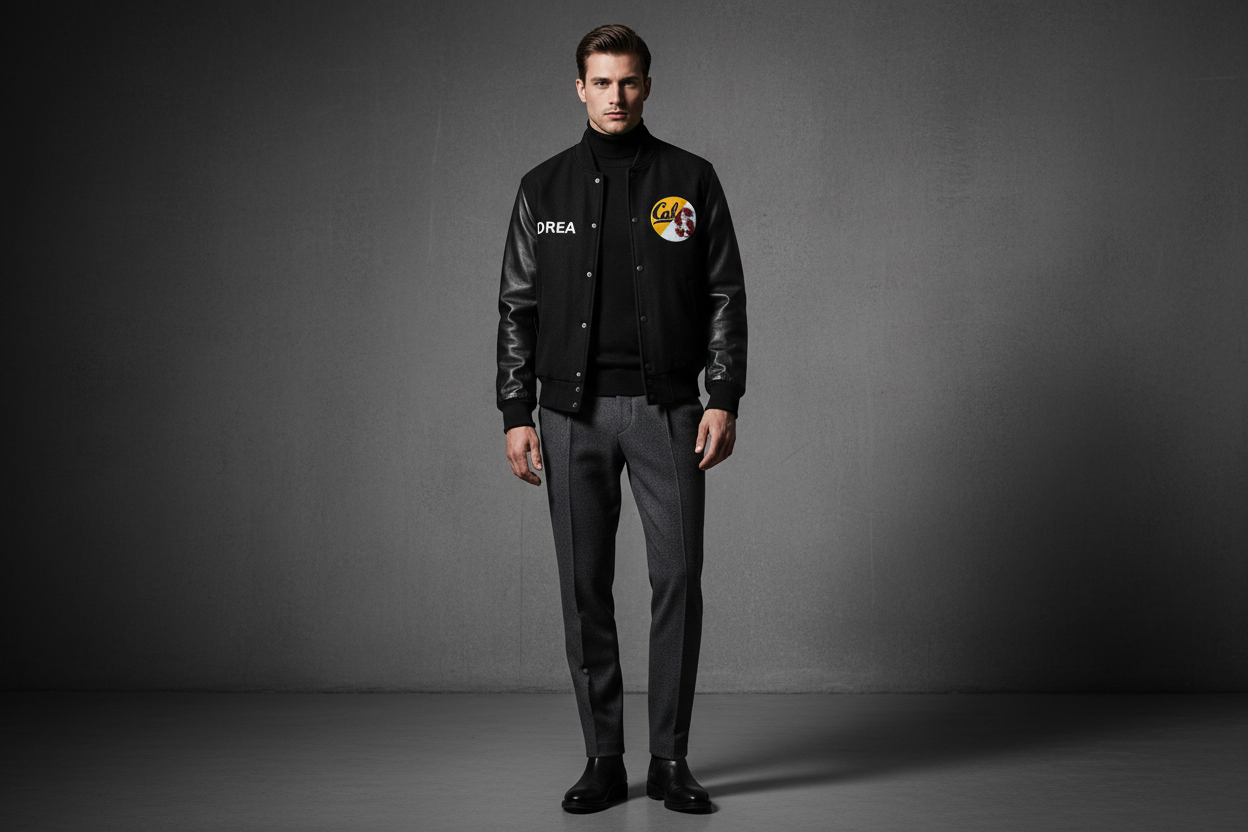Premium black varsity jacket worn over a black turtleneck with charcoal trousers and Chelsea boots against a dark concrete wall