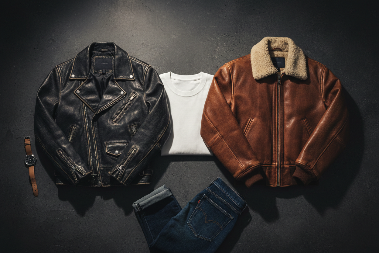 Black and brown leather jackets side by side in a styled flat lay with denim and accessories