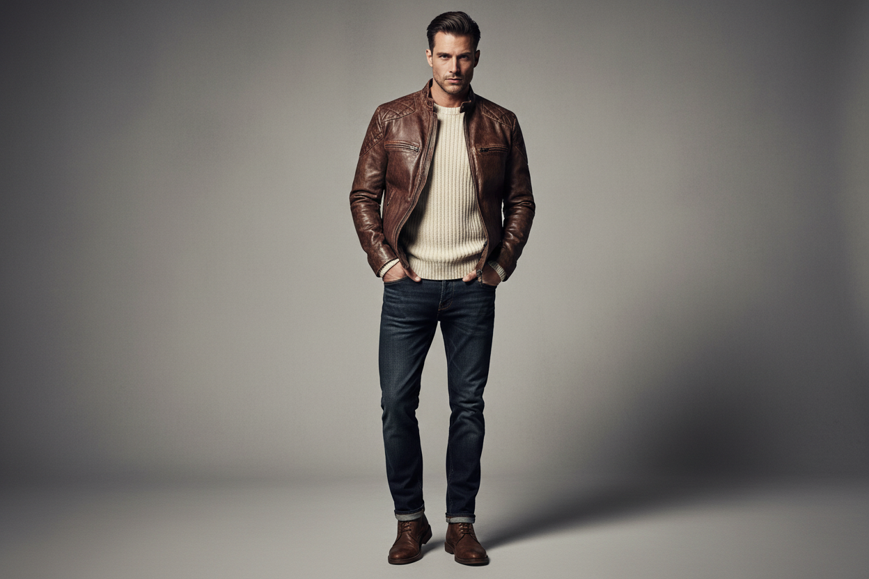 Man in a distressed vintage brown leather jacket layered over a cream knit against a minimal studio backdrop