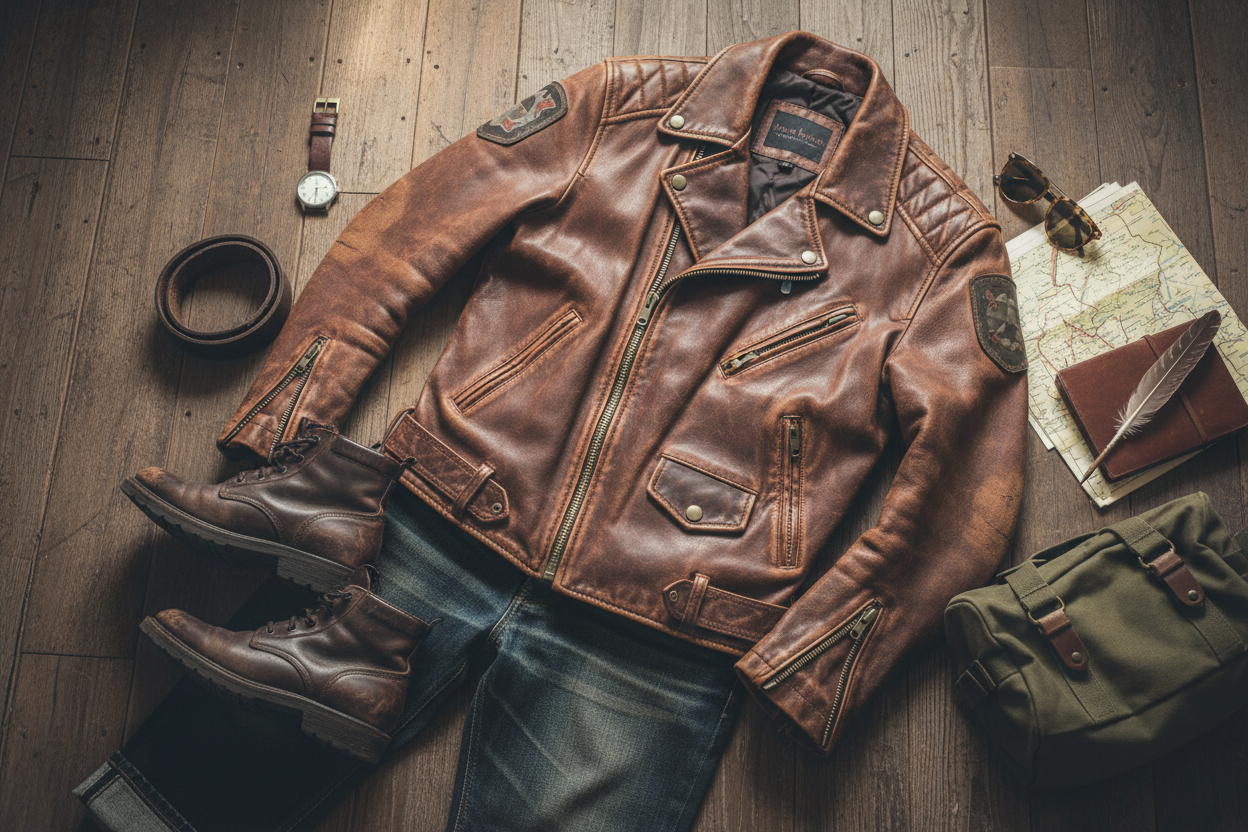 Brown leather biker jacket flat lay with complementary accessories including leather boots and denim