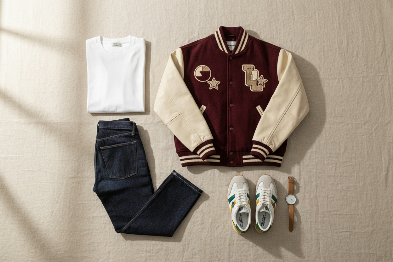 Overhead flat lay of a burgundy varsity jacket with cream contrast sleeves surrounded by a white tee, dark indigo jeans, retro sneakers and a leather watch on a cream linen surface