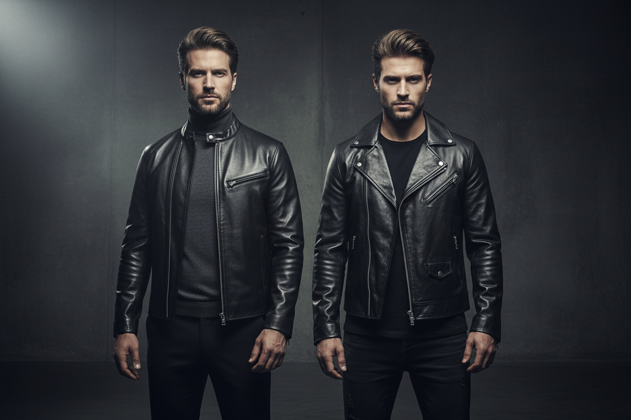 Two men wearing a cafe racer and biker leather jacket side by side — style comparison by Leather Nativ