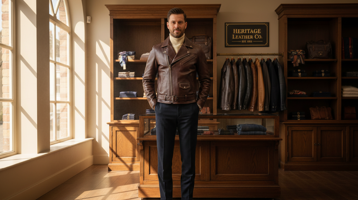 Man wearing perfectly fitted leather jacket showcasing quality craftsmanship and timeless style