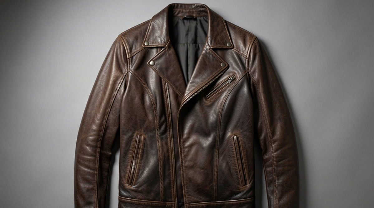 Premium custom leather jacket displayed on a clean studio background highlighting craftsmanship, stitching, and leather quality
