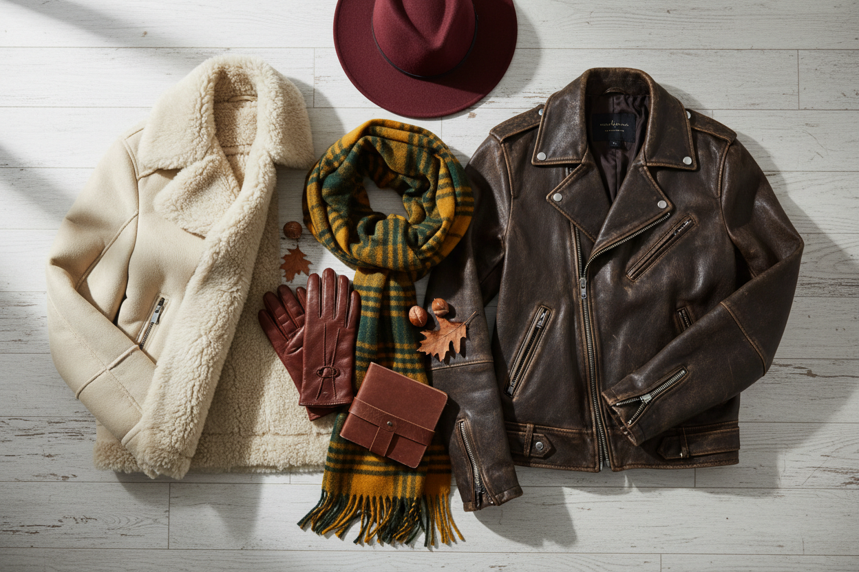 Overhead flat lay of shearling and leather jackets with autumn accessories