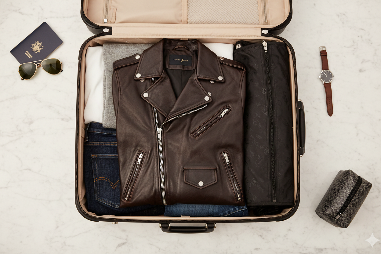 Overhead flat lay of a dark leather jacket neatly folded inside an open suitcase with travel accessories on marble