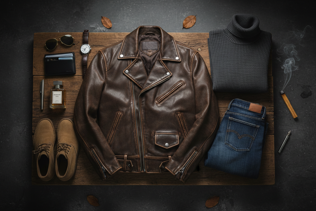  Artistic flat lay of classic leather jacket with premium menswear essentials