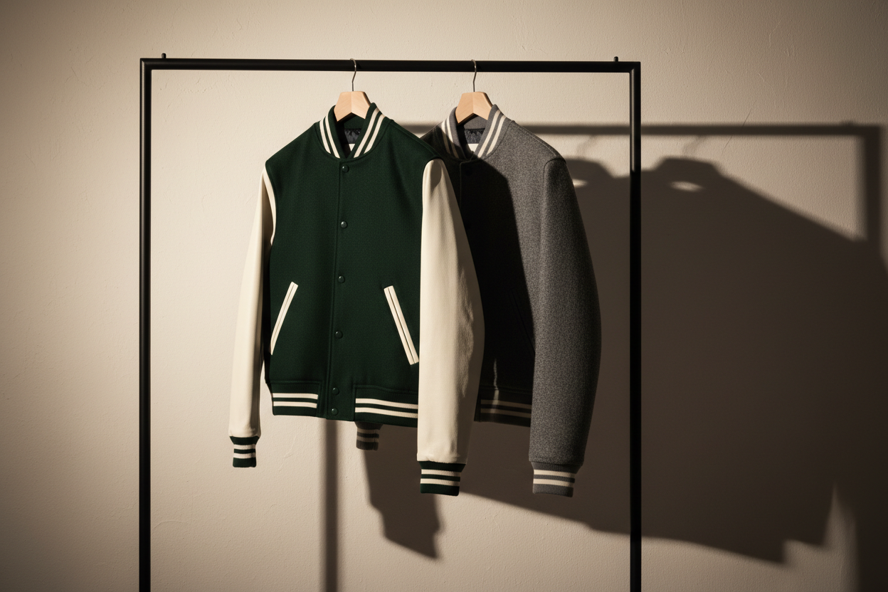 Multiple varsity jackets in black, forest green, and charcoal colorways hanging on a minimal black rack against a warm off-white wall