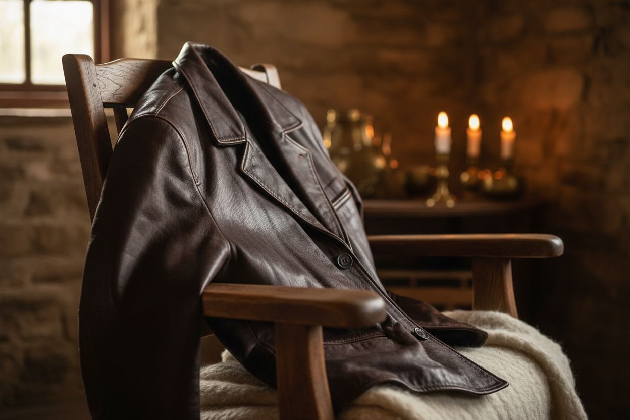 Dark brown leather jacket draped over a wooden chair in a warmly lit rustic interior