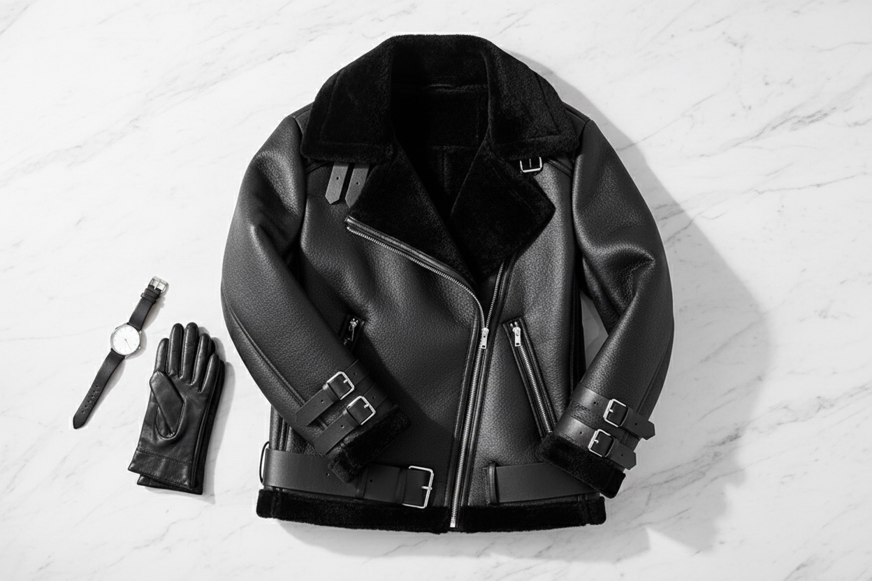 Premium black leather jacket by Leather Nativ styled in a luxury flat lay with accessories