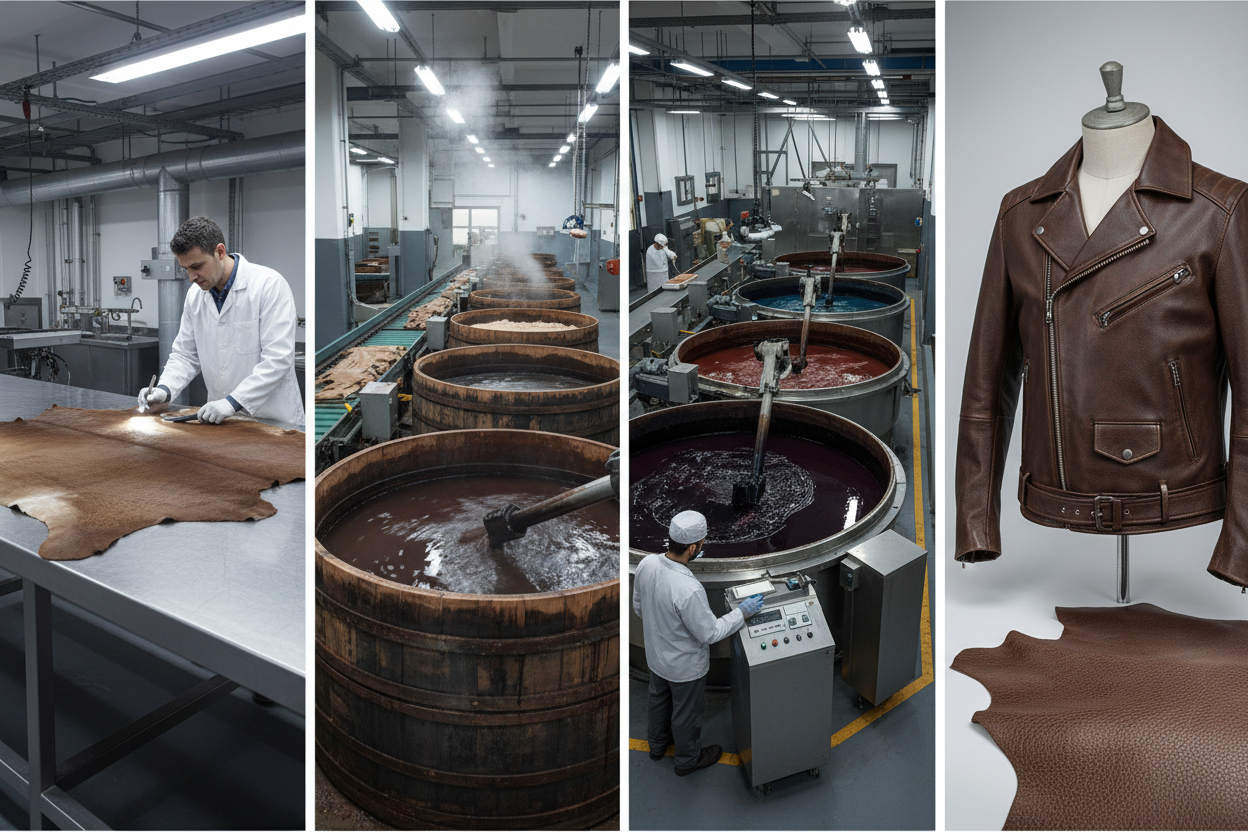 Leather making process from raw hide to finished jacket showing multiple manufacturing stages