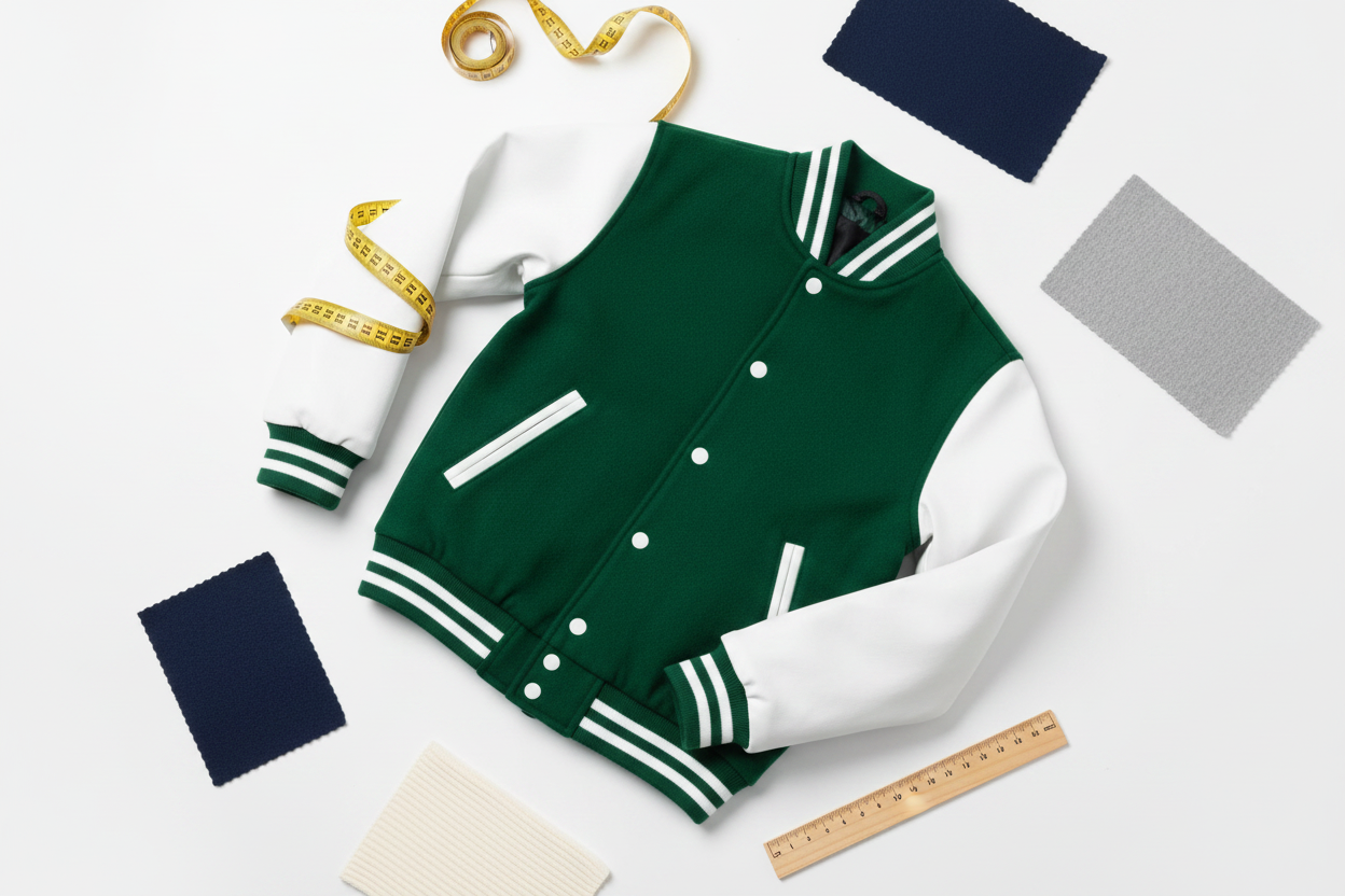 Flat lay of a kids varsity jacket with measuring tape and fabric swatches for sizing guide