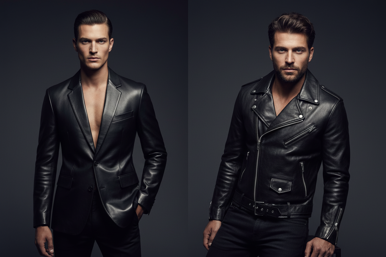 Side by side comparison of a leather blazer and leather jacket from Leather Nativ