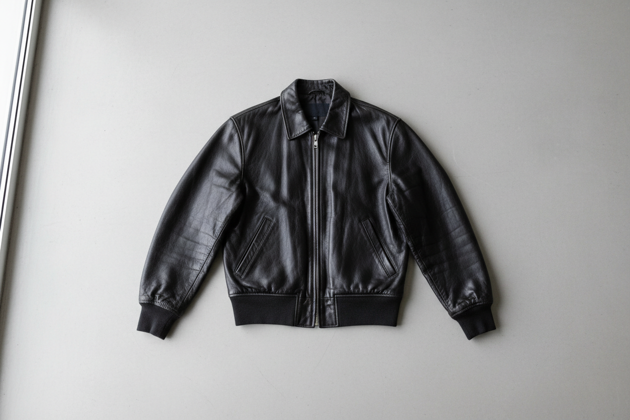 Classic black leather bomber jacket laid flat on a neutral surface
