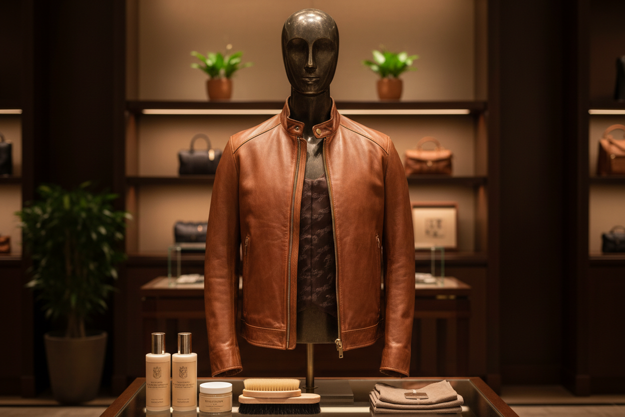 Premium brown leather jacket with professional care products showing proper leather outerwear maintenance and care essentials