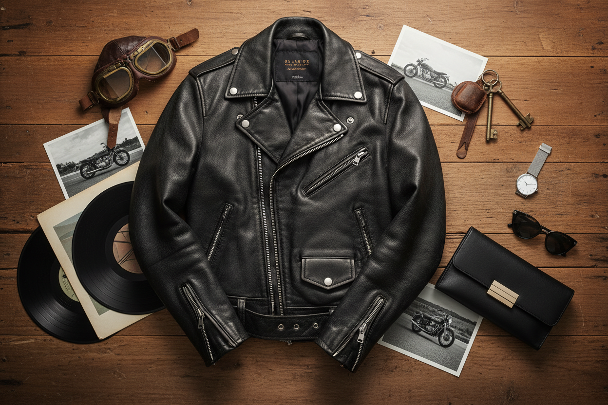 Classic leather jacket surrounded by vintage aviation goggles, motorcycle elements, and fashion accessories representing its cultural journey through history