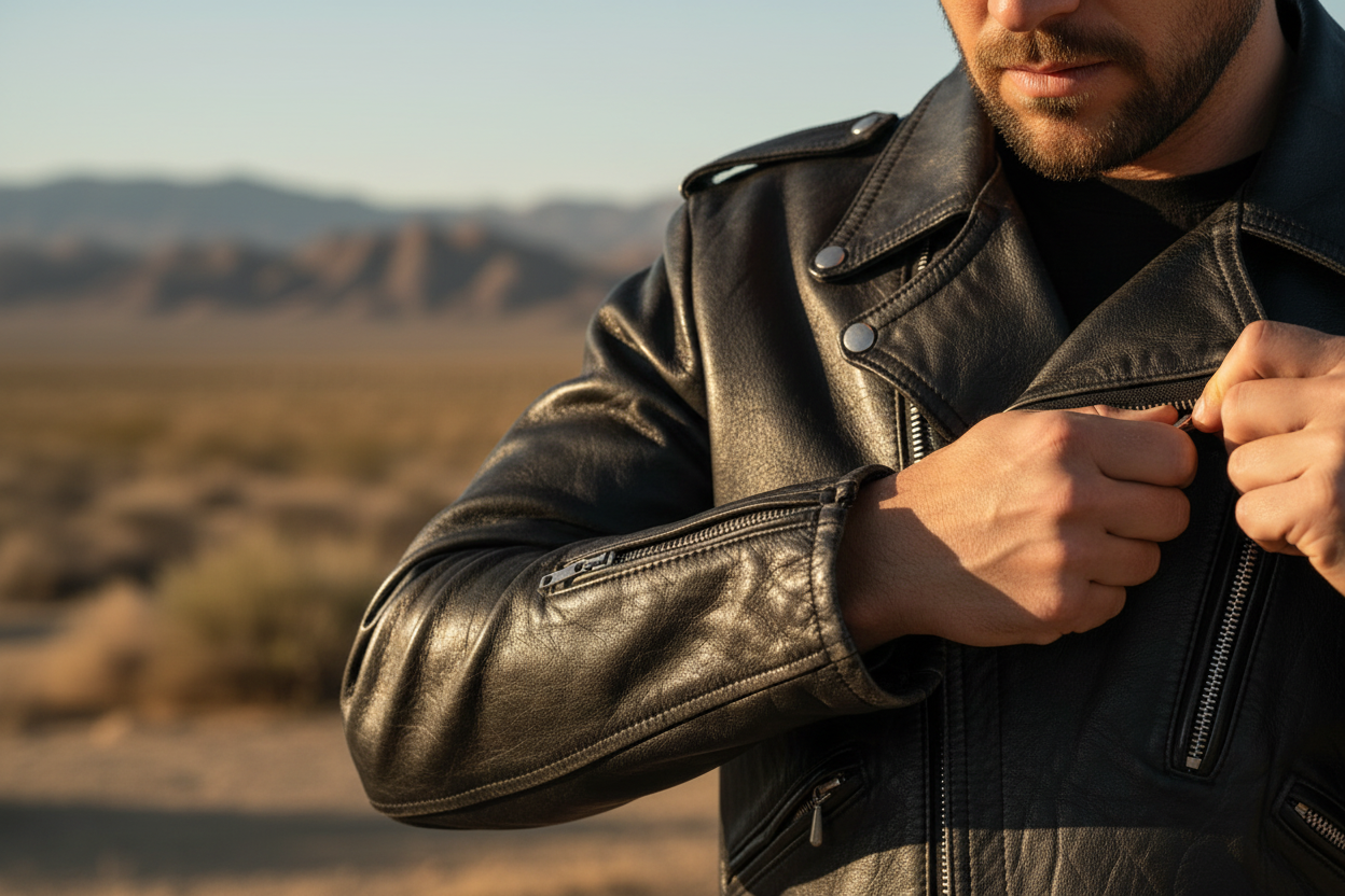 Close-up of a black biker leather jacket showing shoulder seam fit and chest closure detail