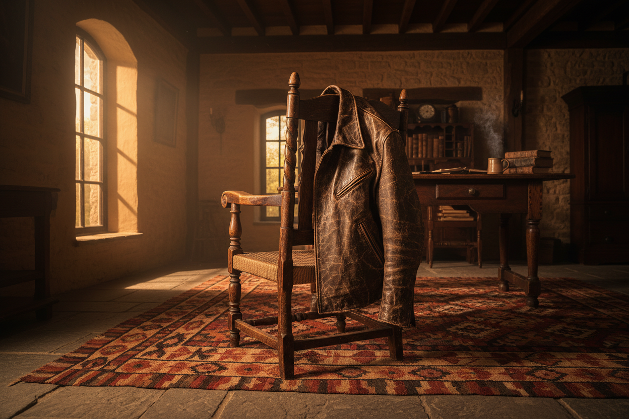 Aged full-grain leather jacket draped over a vintage wooden chair in golden hour light