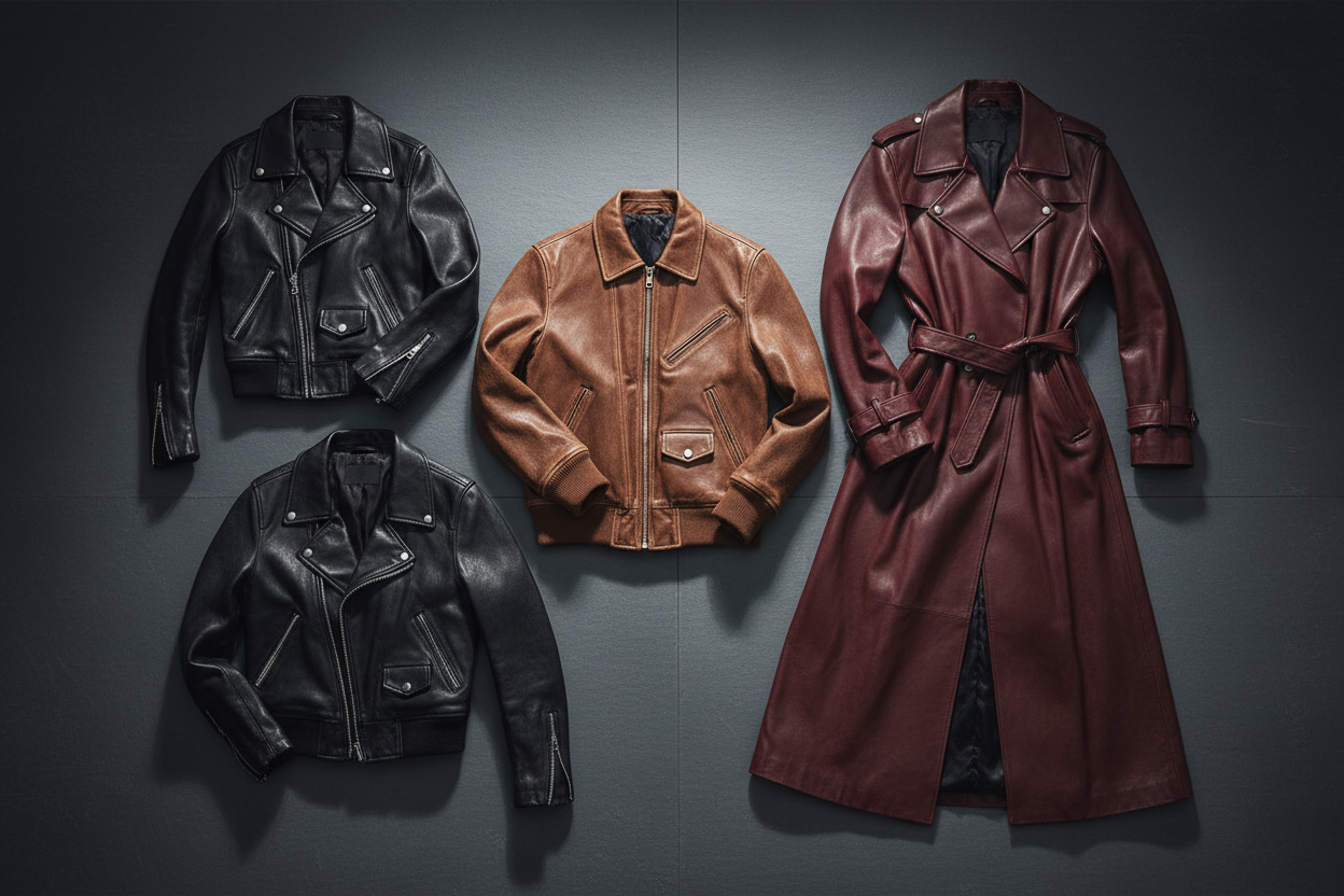 Overhead flat lay of multiple leather jackets in cropped, hip-length, and longline styles arranged on a dark slate surface