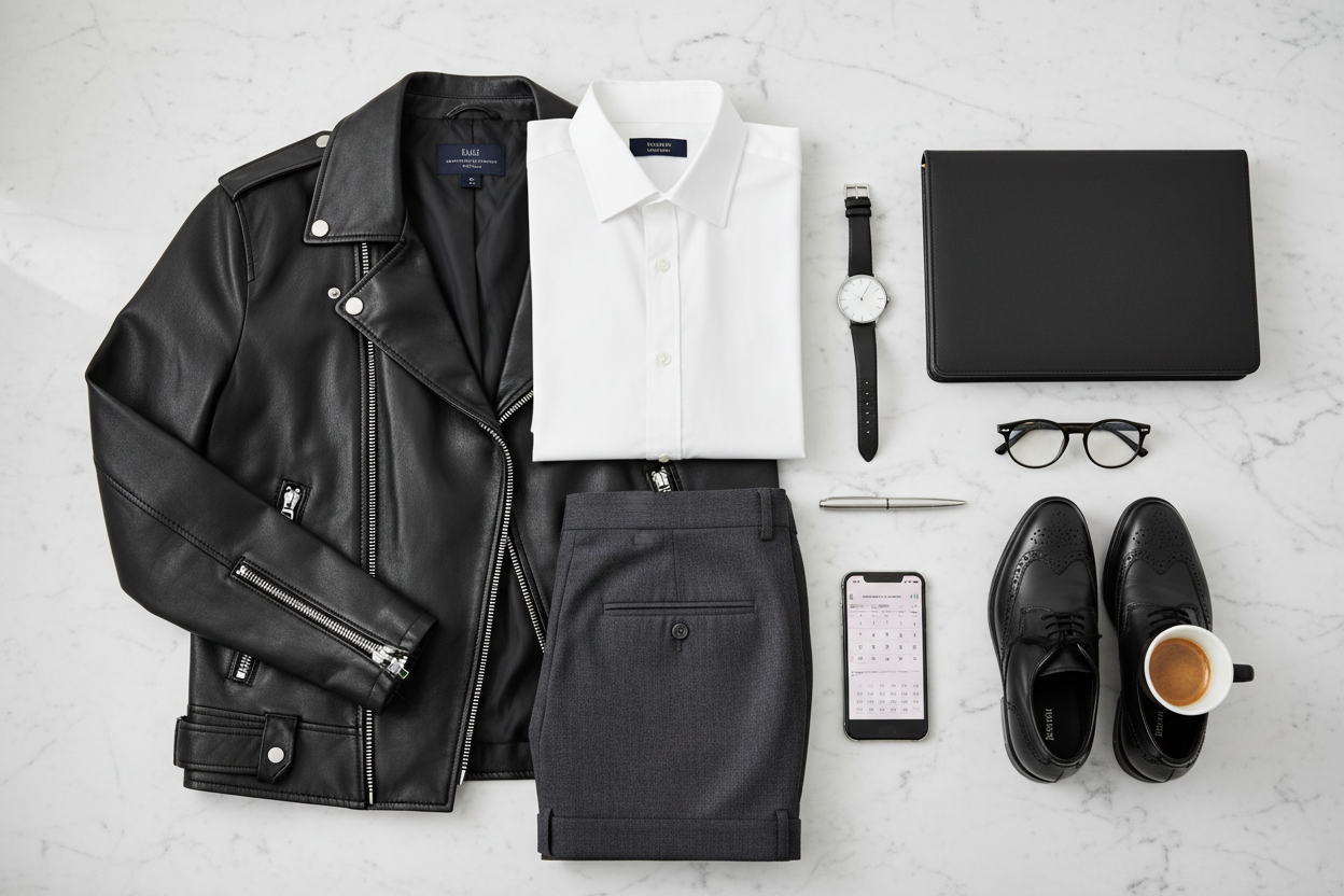 Black leather jacket styled with white dress shirt and grey trousers in elegant flat lay composition