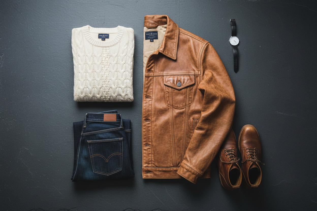 Overhead flat lay of a tan leather trucker jacket styled with a cream sweater, indigo jeans, brown boots, and a silver watch