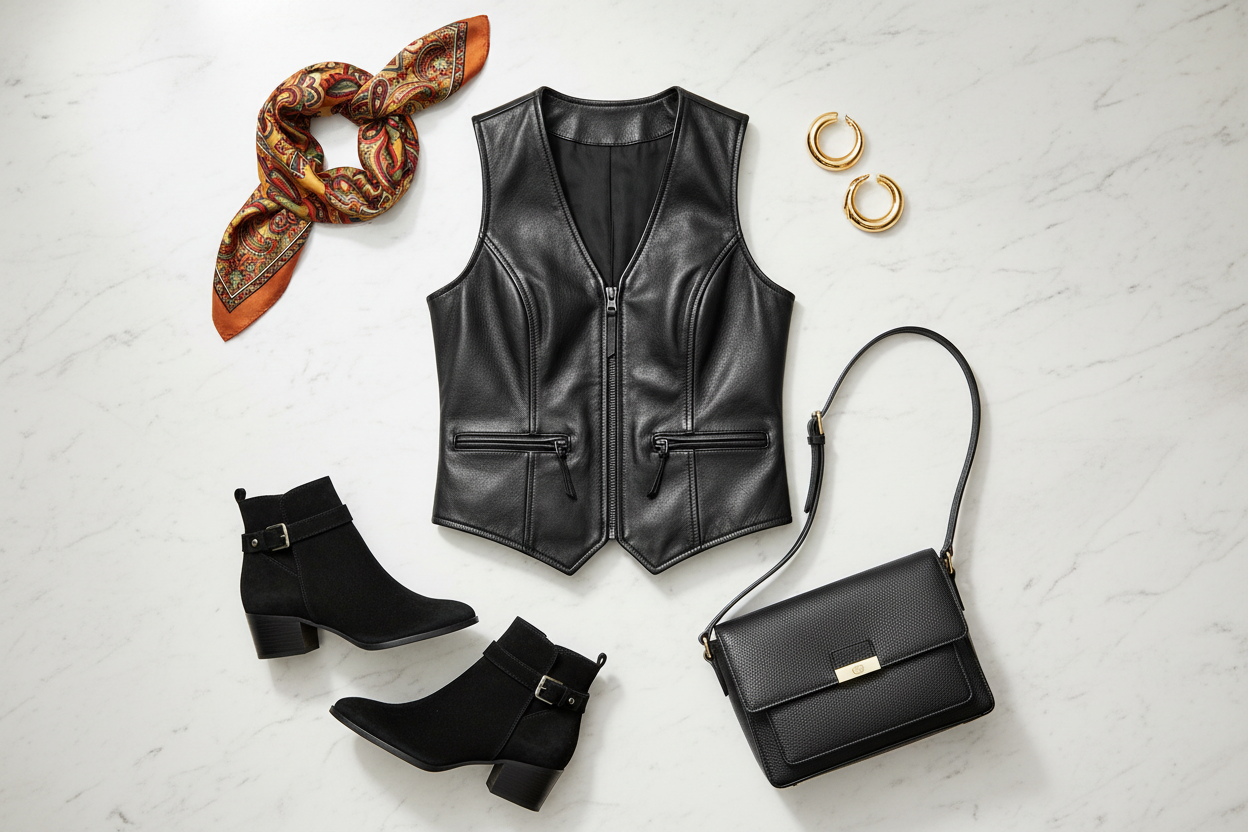 Flat lay of a black leather vest styled with gold earrings, a silk scarf, ankle boots, and a leather bag on a white marble surface