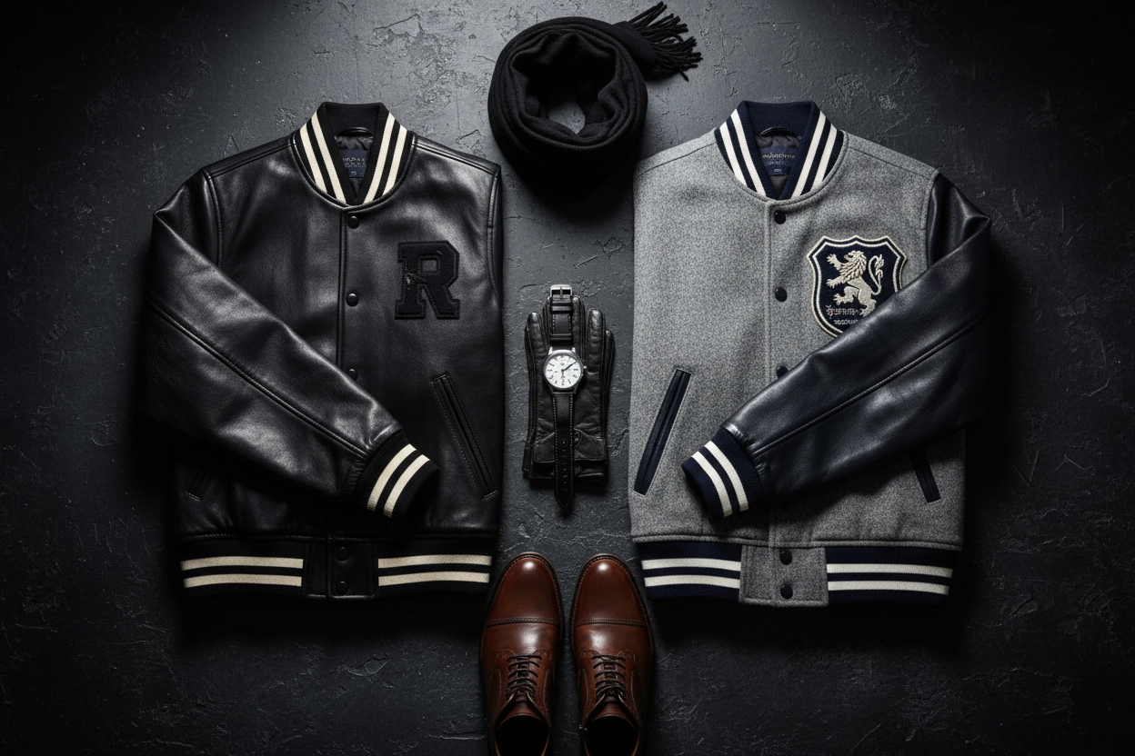 Leather varsity jacket vs wool varsity jacket flat lay comparison – Leather Nativ