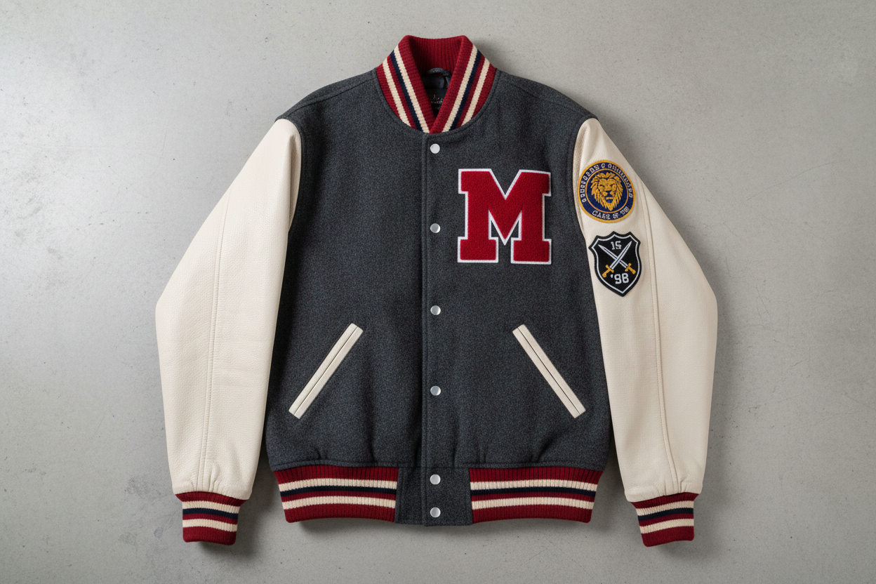 Classic letterman jacket flat lay showing chenille letter, varsity patches, wool body and leather sleeves