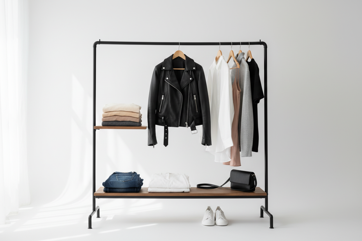 Organized minimal capsule wardrobe with black leather jacket as centerpiece among neutral colored basics