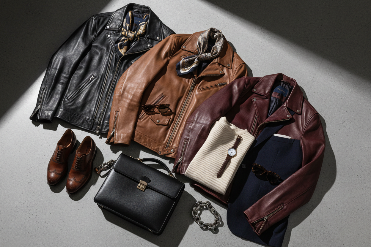 Artistic diagonal composition featuring premium leather jackets in black, brown and oxblood with luxury accessories