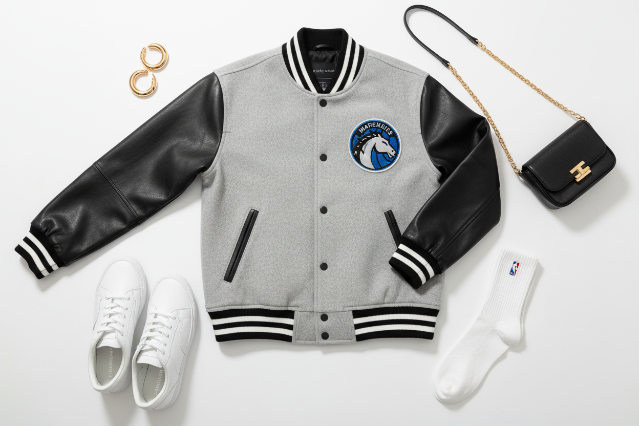 NBA women's varsity jacket flat lay styled with sneakers, gold hoops, and crossbody bag