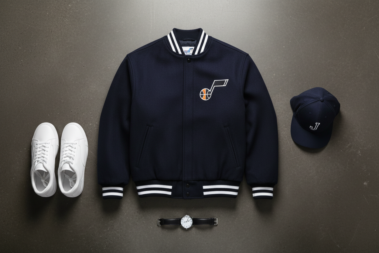 NBA varsity jacket flat lay with sneakers, cap, and watch styled on dark surface