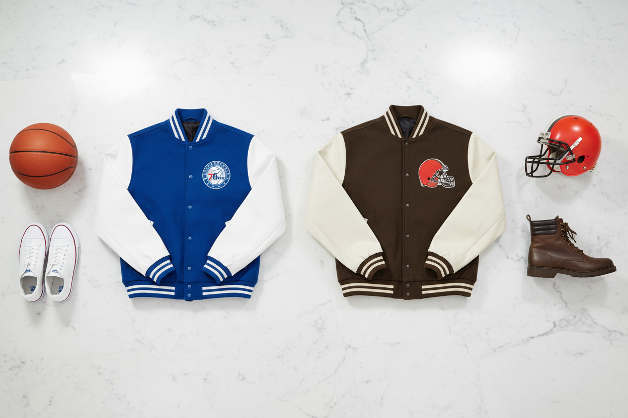 Overhead flat lay of NBA and NFL varsity jackets styled with sneakers, boots, and sport accessories on white marble