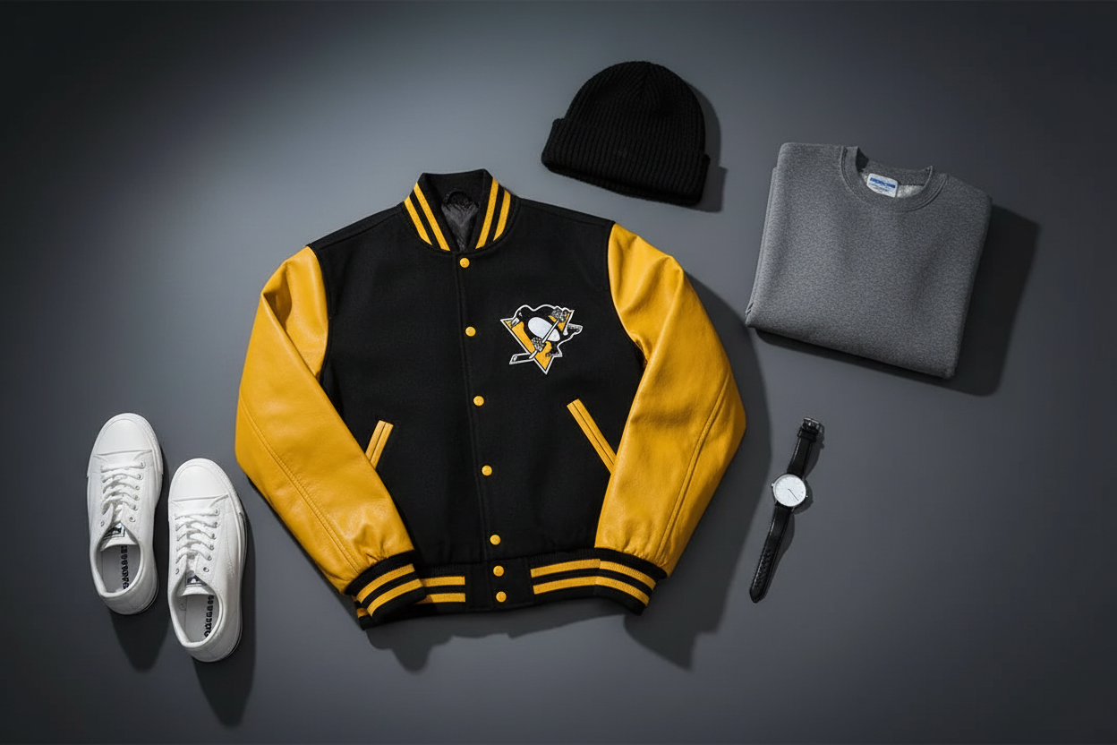 NHL Pittsburgh Penguins varsity jacket flat lay with sneakers, beanie, crewneck and watch showing complete outfit styling