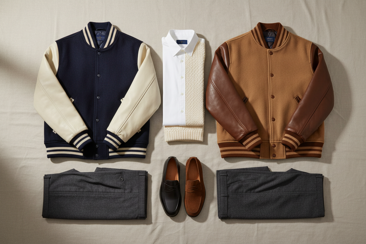 Premium navy and camel wool varsity jackets with leather sleeves styled with old money essentials including tailored trousers oxford shirt cashmere knit and leather shoes