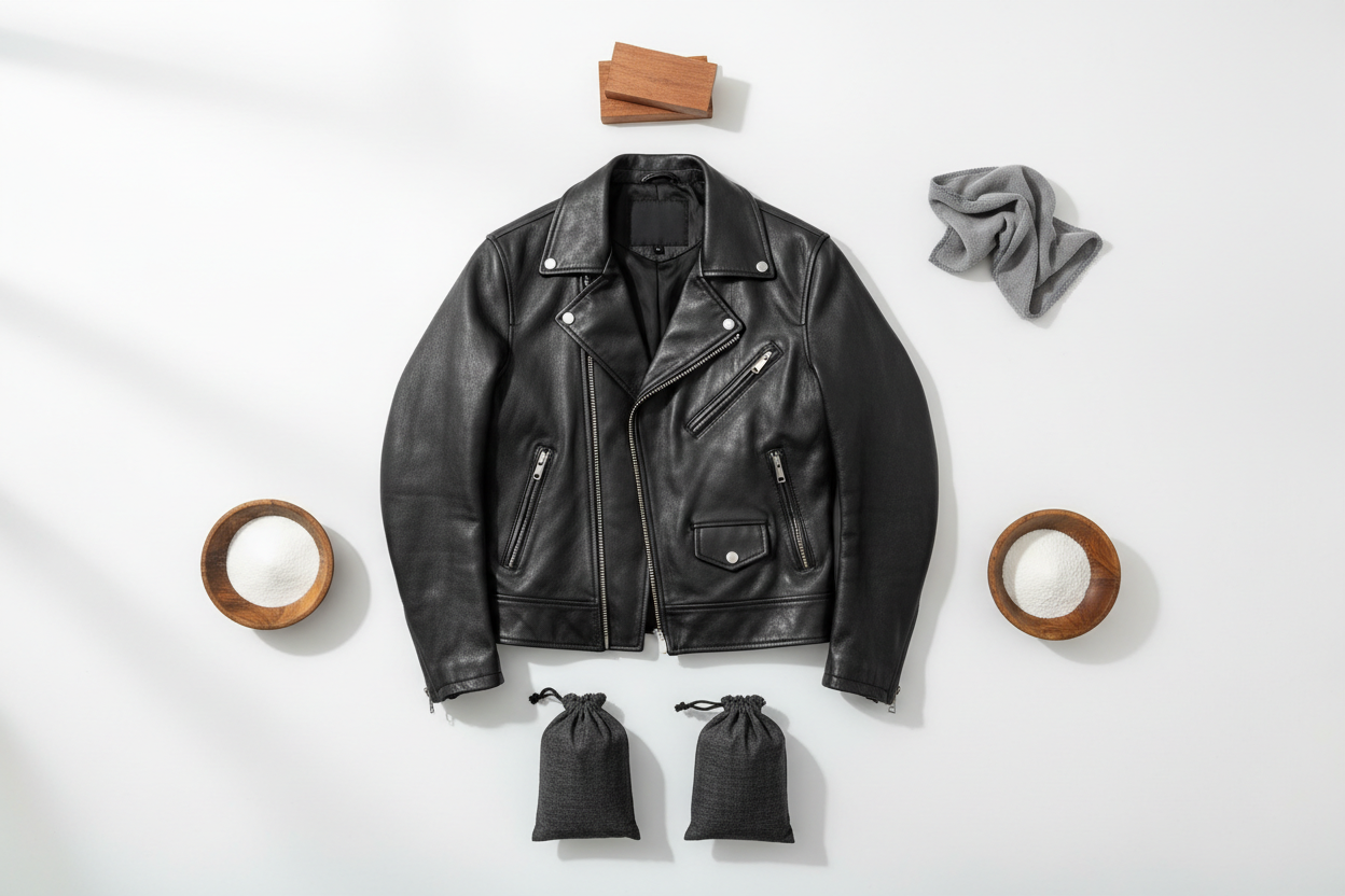 Leather jacket with natural odor removal materials arranged in flat lay composition